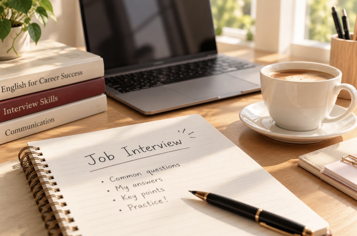 สมุดจดหัวข้อ Job Interview ข้างแล็ปท็อปและกาแฟ